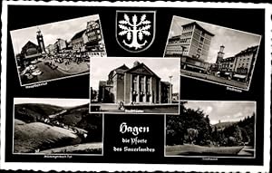 Seller image for Ansichtskarte / Postkarte Hagen Kreis Arnsberg im Sauerland, Hauptbahnhof, Stadttheater, Stadtwald, Wappen for sale by akpool GmbH