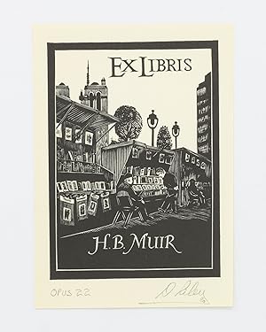 A woodcut bookplate designed for Harry Muir, signed by the artist