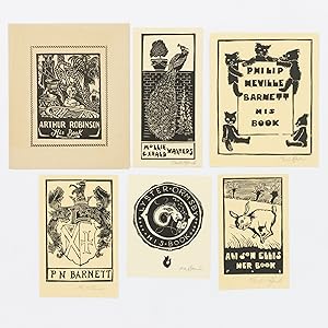 A group of six woodcut bookplates by Percy Neville Barnett (five signed)
