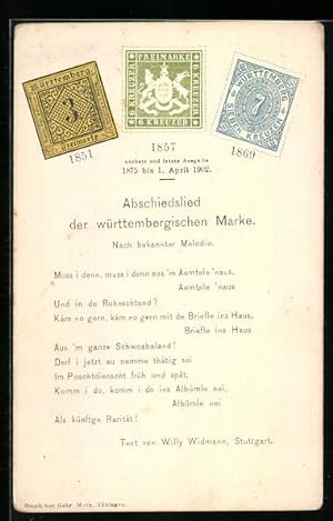 Seller image for Ansichtskarte Abschiedslied der wrttembergischen Marke, Briefmarken von 1851, 1857 und 1869 for sale by Bartko-Reher