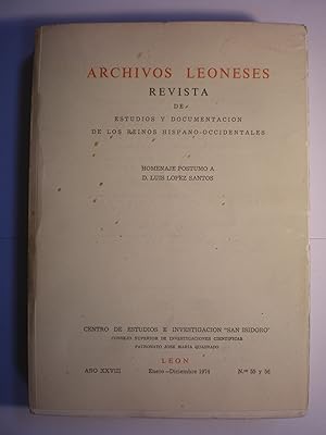 Imagen del vendedor de Archivos Leoneses N 55 y 56 - Ao XXVIII - Enero Diciembre 1974. Homenaje pstumo a D. Luis Lpez Santos. Revista de estudios y documentacin de los Reinos Hispano-Occidentales a la venta por Librera Antonio Azorn