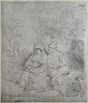 Antique print I After Rembrandt, Rest on the flight to Egypt, published 1859, 1 p.