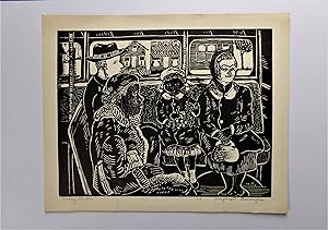 Original linoleum cut titled 'Riding the Bus', printed on cream wove paper, with full margins top...