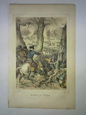 Schlacht bei Torgau, 1760 - Teilkolorierte Lithographie