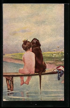 Bild des Verkufers fr lgemlde-Imitations-Ansichtskarte Degi Nr. 931: Freunde, Hund und Kind am Wasser zum Verkauf von Bartko-Reher