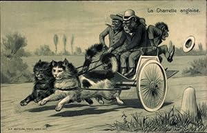 Präge Litho Vermenschlichte Tiere, Katzen ziehen eine Kutsche mit Affen, Schimpansen
