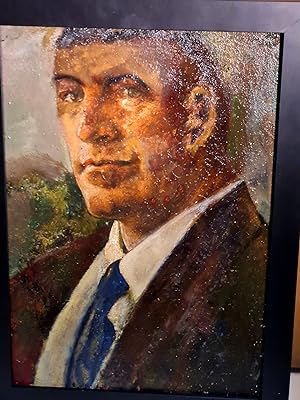Porträt eines Herrn mit blauer Krawatte. Öl auf Karton. Teilstück eines aus dem Atelierbrand 1959...
