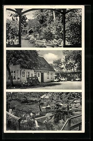 Ansichtskarte Elsnig, Gasthaus Vogelgesang, Bes. Ewald Seidel, Strassenansicht, Biergarten