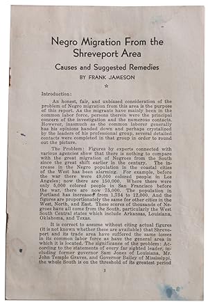 Negro Migration From the Shreveport Area. Causes and Suggested Remedies [Cover title]