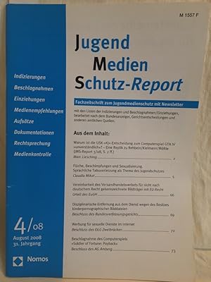 Seller image for Jugend Medien Schutz-Report: Indizierungen, Beschlagnahmen, Einziehungen, Medienempfehlungen, Aufstze, Dokumentationen, Rechtssprechung, Medienkontrolle. (= Fachzeitschrift zum Jugendmedienschutz mit Newsletter, 4/08, August 2008, 31. Jg.). for sale by Versandantiquariat Waffel-Schrder