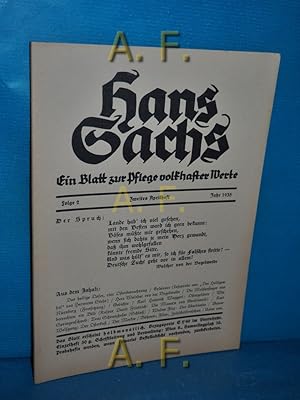 Seller image for Hans Sachs, Folge 2, Zweites Aprilheft, Jahr 1935 : ein Blatt zur Pflege volkhafter Werte for sale by Antiquarische Fundgrube e.U.
