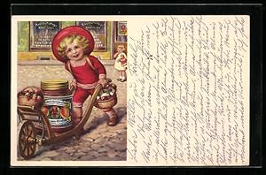 Künstler-Ansichtskarte Reklame für Bourzutschkys Konfitüre, Kind fährt riesiges Konfitüreglas in ...