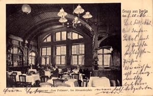 Image du vendeur pour Restaurant "Zum Prlaten", Am Alexanderplatz (Innenansicht). Ansichtskarte in Lichtdruck. Abgestempelt Berlin 01.10.1903. mis en vente par Antiquariat Heinz Tessin