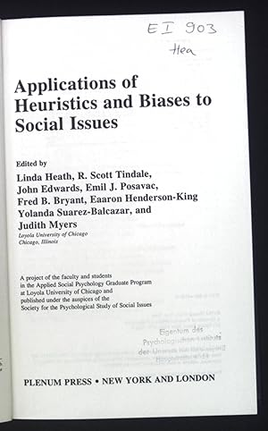 Immagine del venditore per Applications of Heuristics and Biases to Social Issues. Social Psychological Applications To Social Issues,Band 3. venduto da books4less (Versandantiquariat Petra Gros GmbH & Co. KG)