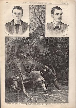 Imagen del vendedor de ENGRAVING: "Missouri--The Burial of the Desperado, Jessee james--The Wagon Conveying the Remains Mired in a Swamp".engraving from Frank Leslie's Illustrated Newspaper: April 22,1882 a la venta por Dorley House Books, Inc.