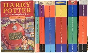 Bild des Verkufers fr Harry Potter Series, Complete UK paperback set. Being: The Philosopher's Stone; The Chamber of Secrets; The Prisoner of Azkaban; The Goblet of Fire; The Order of The Phoenix; The Half-Blood Prince; The Deathly Hallows zum Verkauf von Adrian Harrington Ltd, PBFA, ABA, ILAB