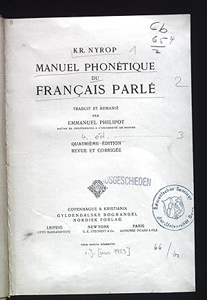 Bild des Verkufers fr Manuel Phonetique du Francais Parle. zum Verkauf von books4less (Versandantiquariat Petra Gros GmbH & Co. KG)