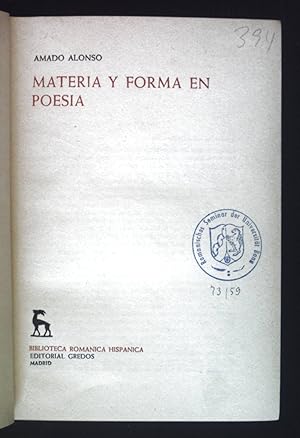 Bild des Verkufers fr Materia y forma en Poesia. Biblioteca Romanica Hispanica. II. Estudios y Ensayos. zum Verkauf von books4less (Versandantiquariat Petra Gros GmbH & Co. KG)