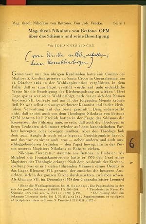 Bild des Verkufers fr Mag. theol. Nikolaus von Bettona OFM ber das Schisma und seine Beseitigung. zum Verkauf von Antiquariat Bookfarm