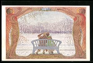 Künstler-Ansichtskarte Fidus: Lenzweben, Verliebtes Paar im Frühling auf einer Parkbank, Zinkdruck