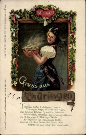 Ansichtskarte / Postkarte Gruß aus Thüringen, Willkumme, Frau in Tracht, Klöße