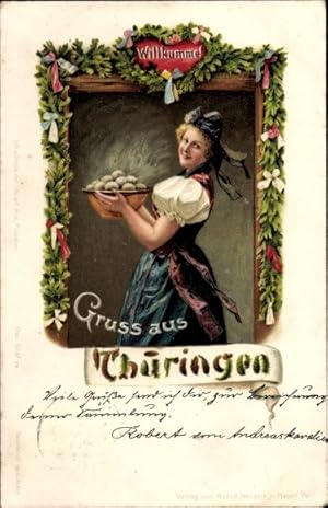 Ansichtskarte / Postkarte Gruß aus Thüringen, Willkumme, Frau mit Klößen in Tracht