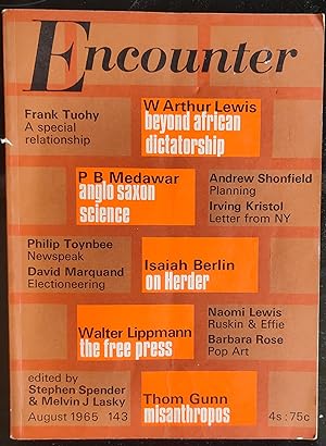Seller image for Encounter August 1965 Vol. XXV No. 2 / W Arthur Lewis "Beyond African Dictatorship" / Frank Tuohy "A Special Relationship (story)" / Andrew Shonfield "The Progress & Perils Of Planning" / Isaiah Berlin "J G Herder (II)" / Gavin Ewart, Anthony Thwaite, D J Enright - poetry / P B Medawar "Anglo-Saxon Attitudes" / Barbara Rose "Pop In Perspective (Art)" for sale by Shore Books