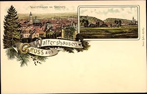 Litho Waltershausen im Thüringer Becken, Blick vom Tenneberg, Panorama vom Ort, Glückwunsch Neujahr