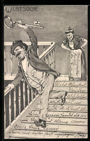 Bild des Verkufers fr Ansichtskarte Wertsache, Mann rennt mit grossem Schlssel vor seiner Frau davon, frauenfeindlicher Humor zum Verkauf von Bartko-Reher