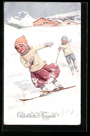 Image du vendeur pour Knstler-Ansichtskarte Karl Feiertag: Zwei Kinder fahren Ski mis en vente par Bartko-Reher