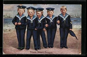 Ansichtskarte Jungen im Matrosenanzug, Unsere blauen Jungen, Kinder Kriegspropaganda