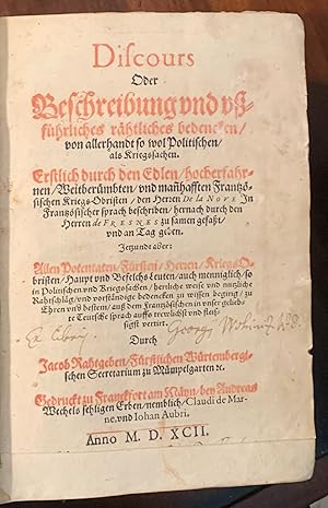 Seller image for Discours oder Beschreibung und ufhrliches rhtliches bedencken von allerhandt so wol Politischen, als Kriegssachen. for sale by Rosenlund Rare Books & Manuscripts