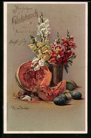 Bild des Verkufers fr Knstler-Ansichtskarte Clara von Sivers: Vase mit Blumen, Krbis und Pflaumen, Glckwunsch zum Namenstag zum Verkauf von Bartko-Reher