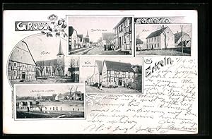Ansichtskarte Erkeln, Gastwirtschaft Wulf, Nethebrücke mit Mühle, Schule