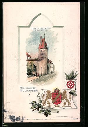 Künstler-Präge-Carte postale Mülhausen, vue de Bollwerk, armoiries