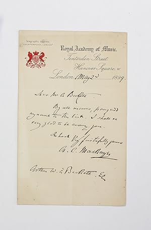 Image du vendeur pour An Original Hand Written Royal Academy of Music Letter Signed by Composer Sir Alexander Campbell Mackenzie mis en vente par Lasting Words Ltd