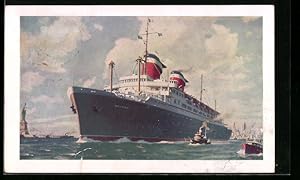 Künstler-Postcard Passagierschiff S. S. America im Hafen von New York, die Freiheitsstatue