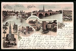 Lithographie Metz, Todtenbrücke, Garnisonkirche et das Deutsche Thor