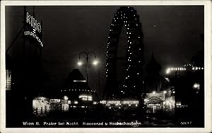 Bild des Verkufers fr Ansichtskarte / Postkarte Wien 2 Leopoldstadt, Prater bei Nacht, Riesenrad und Hochschaubahn, Kino zum Verkauf von akpool GmbH