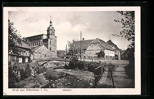 Ansichtskarte Reichenau i. Sa., Strassenpartie mit Brücke im Oberdorf