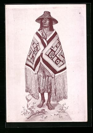 Ansichtskarte Tlingit-Indianer mit Ceremonialdecke und Rabenrassel im Karl-May-Museum