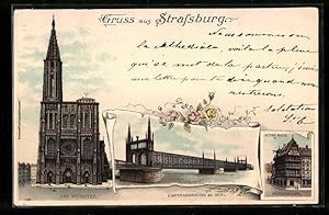 Lithographie Strassburg, Münster, chemin de ferbrücke bei Kehl, Altes Haus am Münsterplatz
