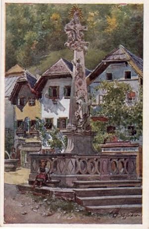 Wiener Kunst. Hallstatt - Marktplatz. Farbige Postkarte, unten rechts signiert Kofecker. Ungelaufen.