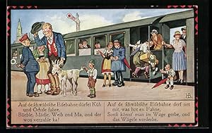 Bild des Verkufers fr Knstler-Ansichtskarte Hans Boettcher: Bauer mchte mit seinem Bock Zug fahren, Junge spielt am Schwanz des Bockes zum Verkauf von Bartko-Reher