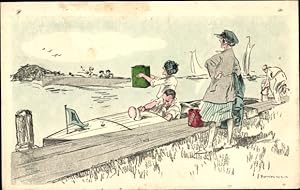 Künstler Ansichtskarte / Postkarte Motorboot an der Anlegestelle