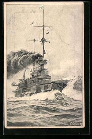Bild des Verkufers fr Ansichtskarte Ran an den Feind!, Kriegsschiff im Gefecht zum Verkauf von Bartko-Reher