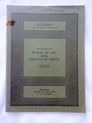Bild des Verk�ufers f�r WORKS OF ART AND OBJECTS OF VERTU including Ivories, Metalwork, Seals, Mosaics, Enamels, Snuff Boxes and other objects in horn, tortoiseshell, mother of pearl, wood, nut and lacquer, including two items of Theatrical interest. 29 March 1982. Sotheby's London Auction Sale Catalogue + list of Prices Realised. zum Verkauf von Tony Hutchinson