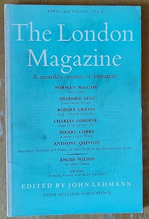 Bild des Verkufers fr The London Magazine. April 1960 / Siegfried Lenz "Luke, Gentle Servant" / Robert Graves "Song: A Month of Sundays (poem)" / Brian Glanville "Hanger-on" / Charles Osborne "Mood of the Month - XIV" / Hilary Corke "Is Metre a Dirty Word?" / Anthony Qjuinton "Masculine, Feminine and Neuter or three kinds of the contemporary novel" zum Verkauf von Shore Books