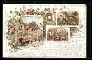 Seller image for Lithographie Leipzig, Thringer Hof, Marmorbild der Mutter Grimpe, Alte Wolfsschlacht, Lutherstube for sale by Bartko-Reher