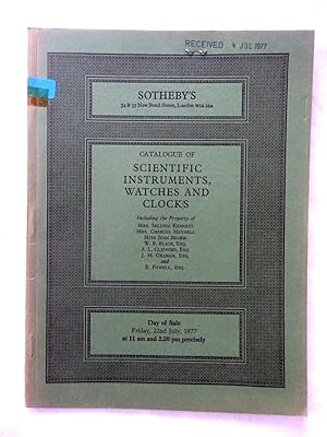 Seller image for Scientific Instruments, Watches and Clock's, Including the Property of Mrs. Selinda Kennett, Mrs. Charles Meynell, Miss Joan Begbie, W. B. Black, Esq. A. L. Clifford, Esq. J. M. Graham, Esq. And E. Powell, Esq. 22nd July 1977, Sotheby's London Auction Sale Catalogue + list of Prices Realised.SCIENTIFIC INSTRUMENTS comprising John Arnold & Son No. 48. An octagonal marine Chronometer lames McCabe No. 411. A two-day marine Chronometer A Culpeper type compound Microscope probably by Matthew Loft A silver Butterfield Dial by P. le Maire A wheel cutting Engine, and a collection of Pharmaceutical Instruments. WATCHES including Jump, London. An 8 day Pendule Portique with perpetual calendar,Repousse gold pair cased quarter repeating verge Wath, et for sale by Tony Hutchinson